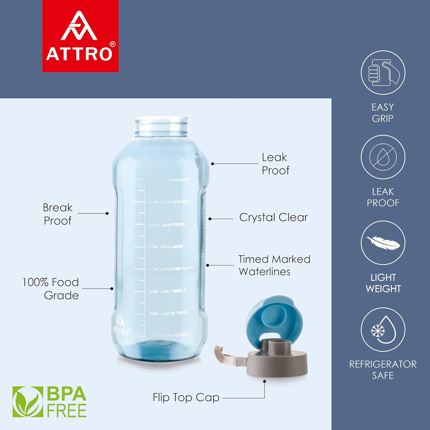 ATTRO Ultra Pro 2 Motivational 2L BPA-Free Water Bottle